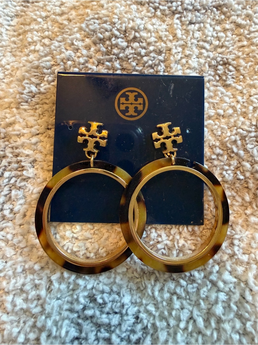 Tory Burch Logo Resin Drop Hoop Earrings Gold Tortoise